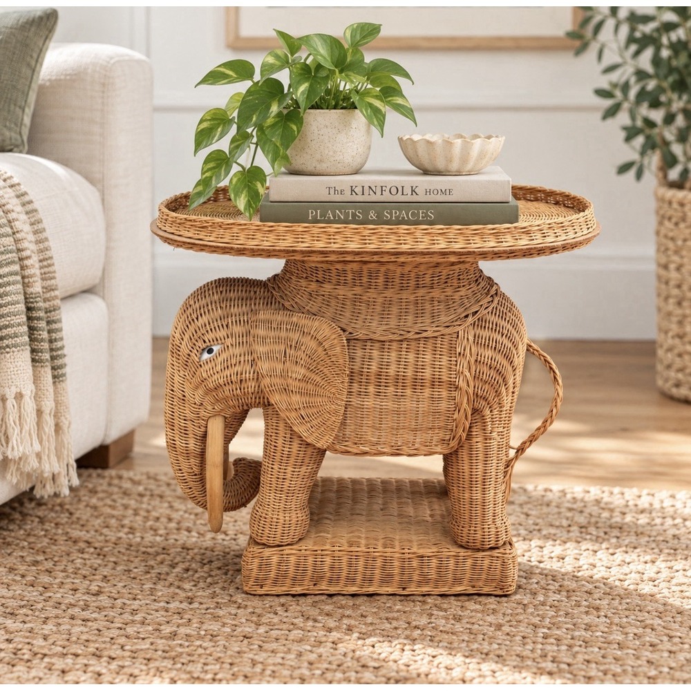 Vintage Wicker Elephant Accent Table Removable Tray Plant Stand Boho Rattan Deco